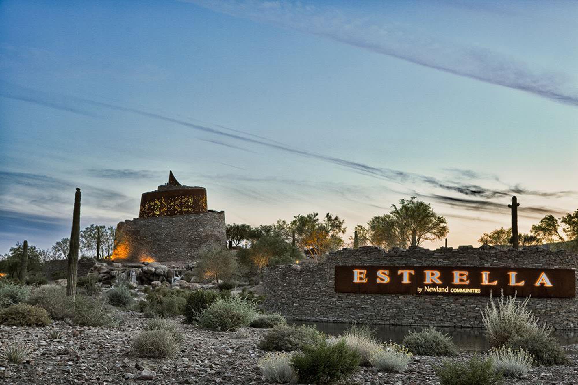Entrance at Dusk | Vidrio at Estrella | New homes in Goodyear, Arizona | Landsea Homes