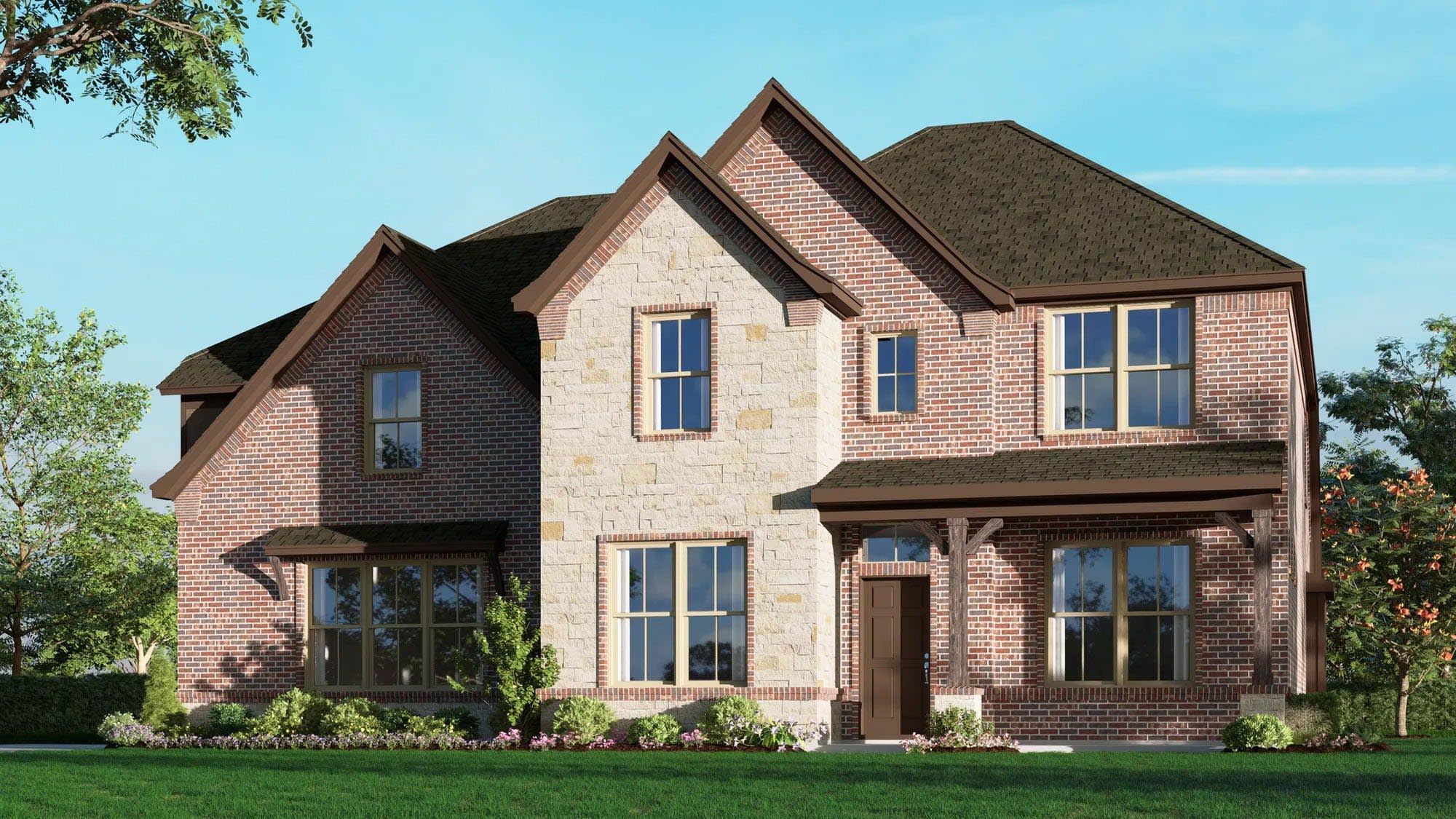 Elevation B with Stone and Outswing | Concept 3135 at Abe's Landing in Granbury, TX by Landsea Homes
