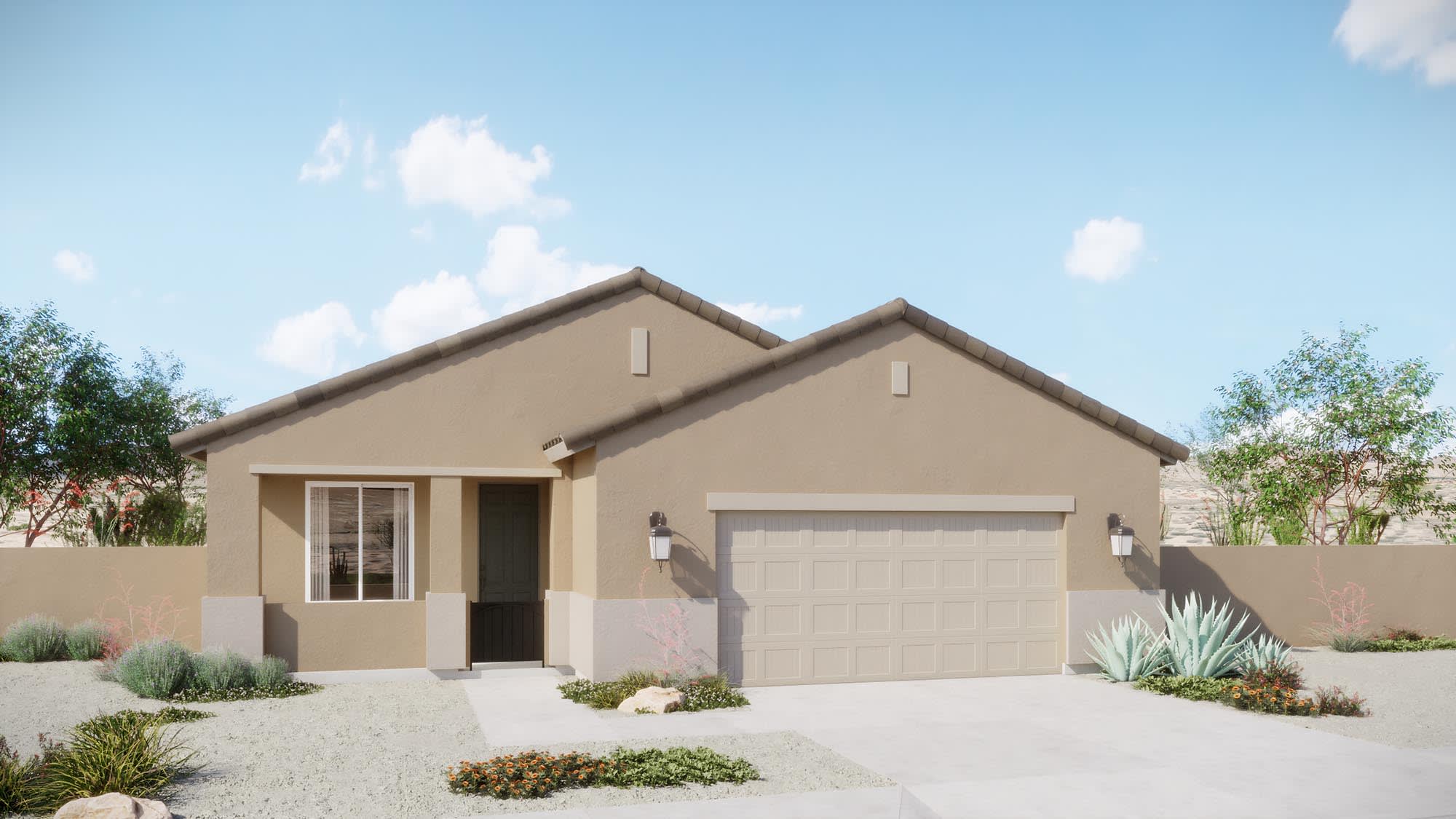Elevation A | Daybreak Floorplan - Coach Lights Shown Are Optional | Elara at Moonlight | New Homes in Maricopa, AZ by Landsea Homes
