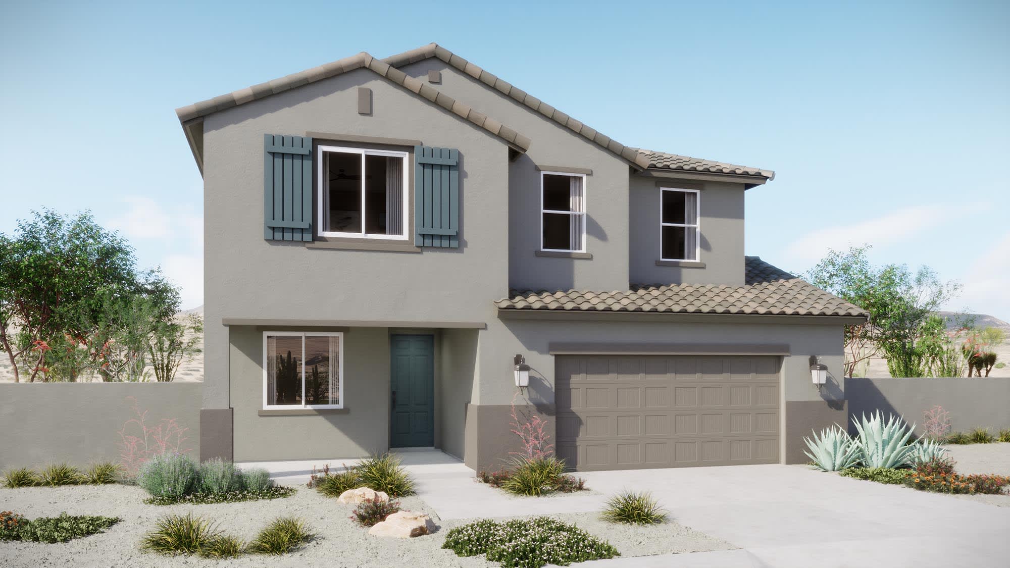 Elevation A | Twilight Floorplan - Coach Lights Shown Are Optional | Elara at Moonlight | New Homes in Maricopa, AZ by Landsea Homes