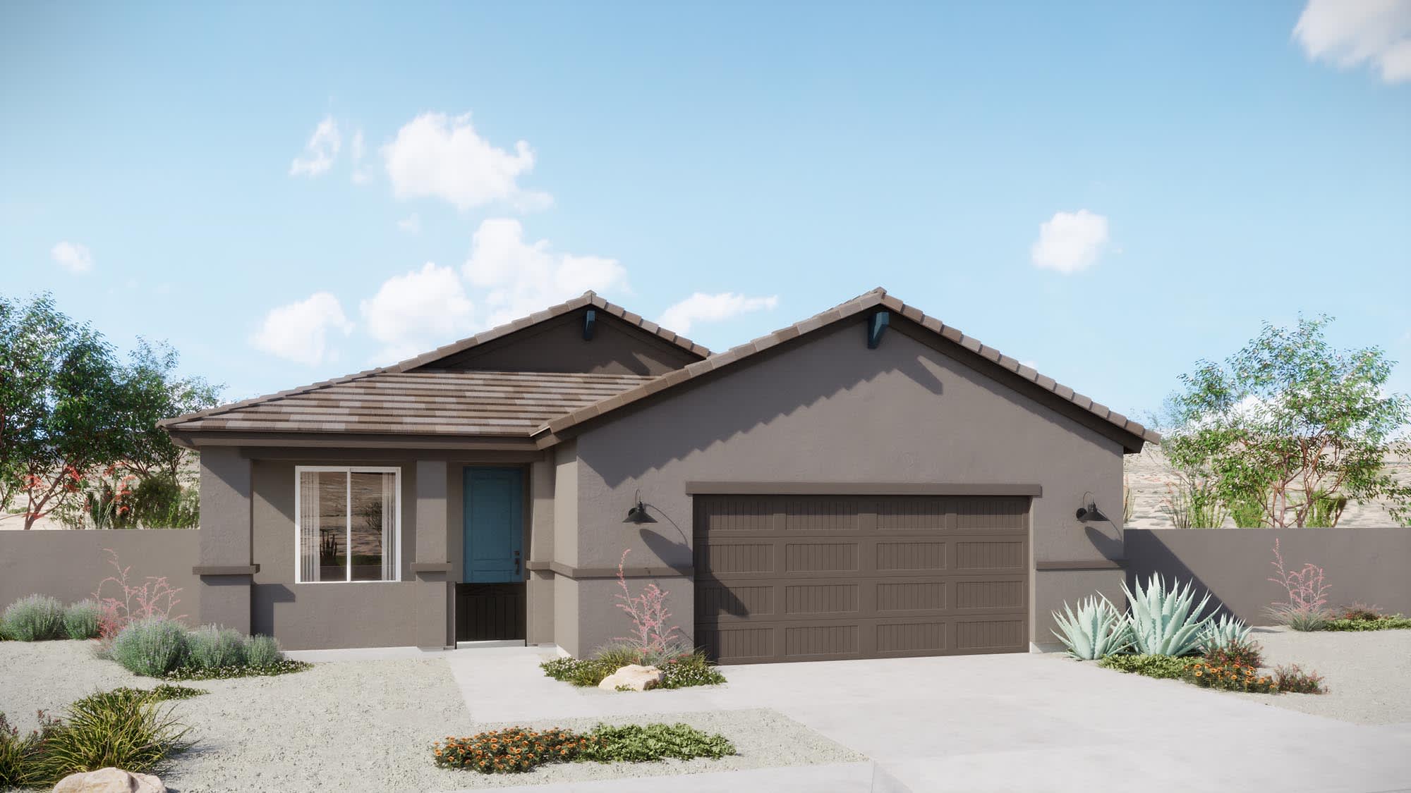 Elevation B | Daybreak Floorplan - Coach Lights Shown Are Optional | Elara at Moonlight | New Homes in Maricopa, AZ by Landsea Homes