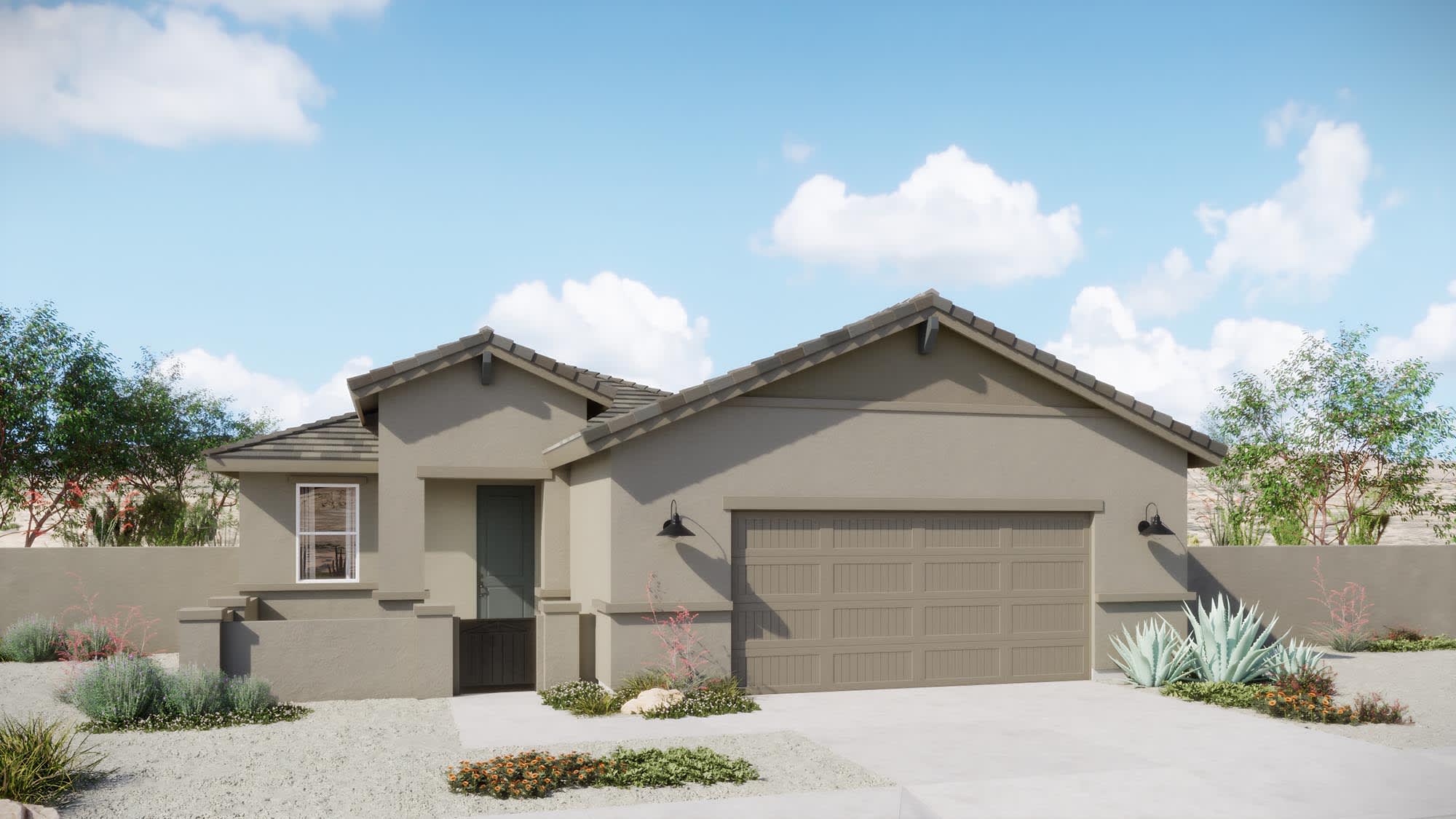 Elevation B | Firelight Floorplan - Coach Lights Shown Are Optional | Elara at Moonlight | New Homes in Maricopa, AZ by Landsea Homes