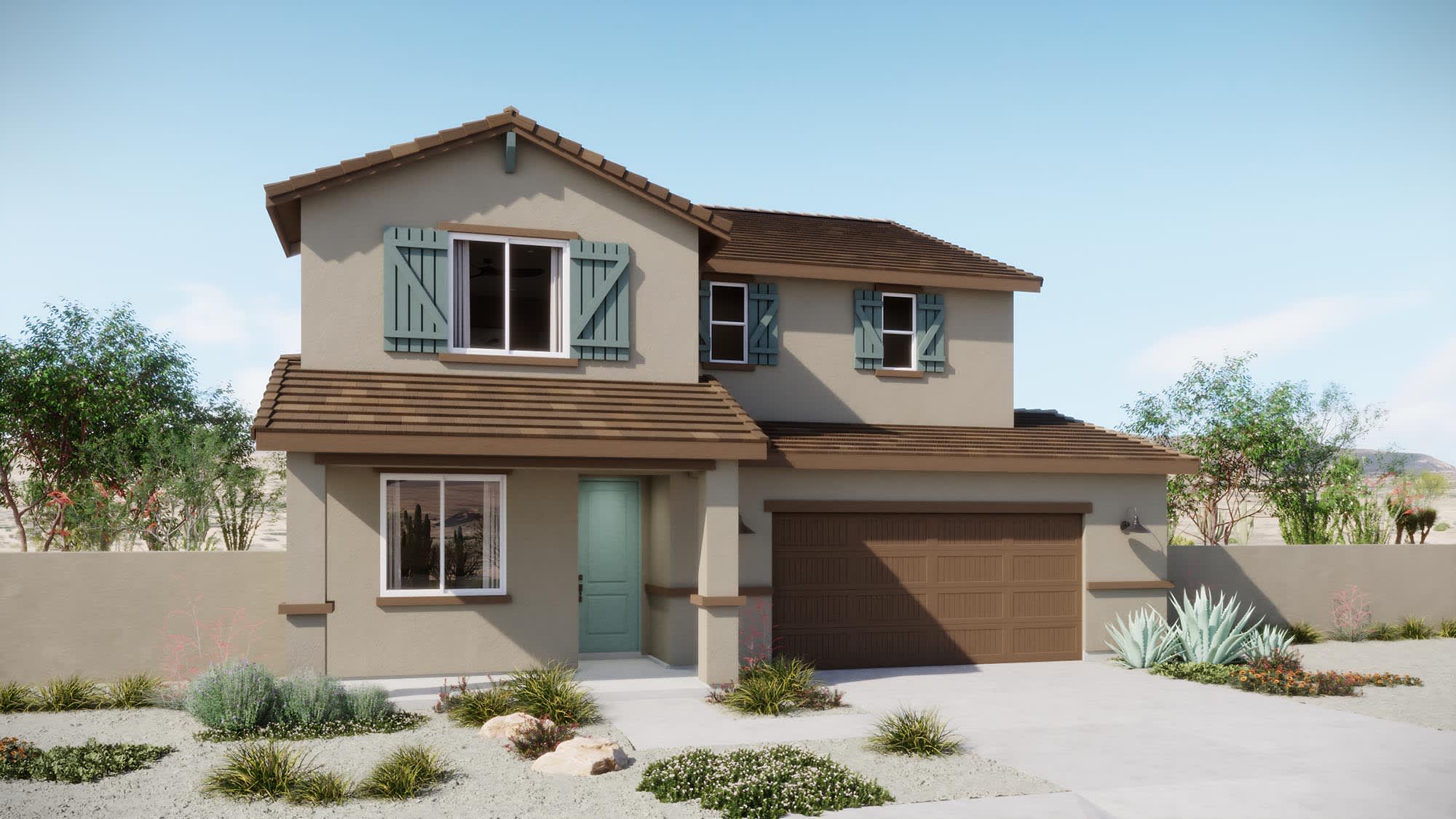 Elevation B | Skyline Floorplan - Coach Lights Shown Are Optional | Elara at Moonlight | New Homes in Maricopa, AZ by Landsea Homes