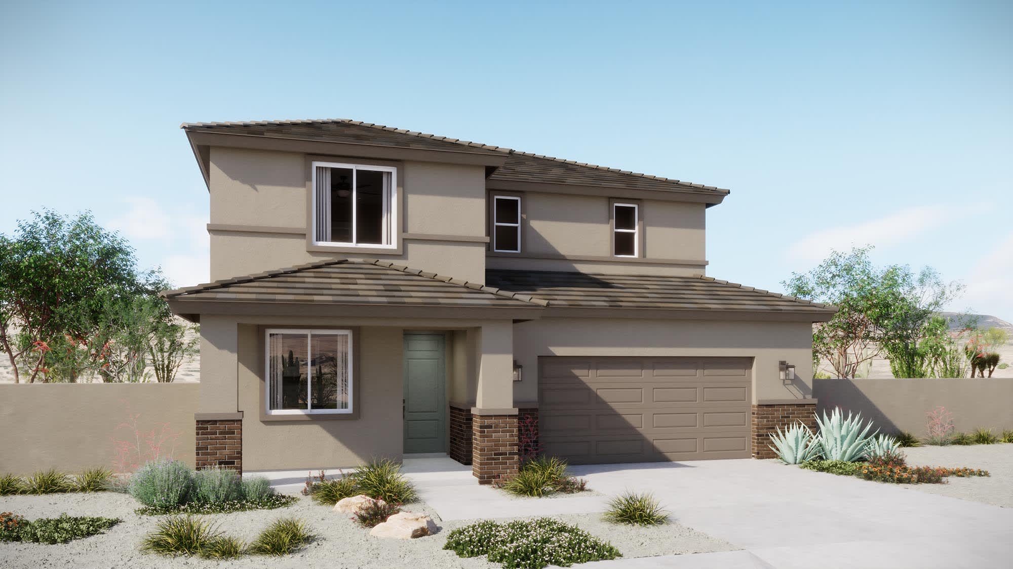 Elevation C | Skyline Floorplan - Coach Lights Shown Are Optional | Elara at Moonlight | New Homes in Maricopa, AZ by Landsea Homes