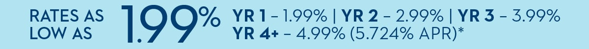 RATES AS LOW AS 1.99% YR 1 - 1.99% | YR 2 - 2.99% | YR 3 - 3.99% | YR 4+ - 4.99% (5.724% APR)*